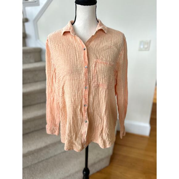 Lola River Apricot Peach Orange Crinkle Gauze Cotton Long Sleeve Button Down - Picture 1 of 6
